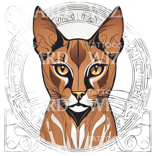 Abyssinian Cat Head with Floral Patterns Tattoo Design