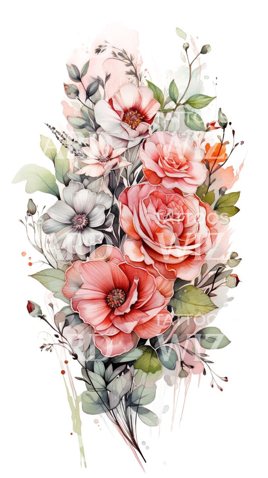 Beautiful Flowers Bouquet Half Sleeve Tattoo Design