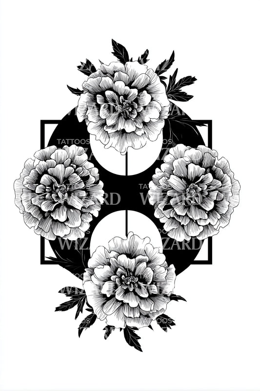 Quad Peony Square Tattoo Design