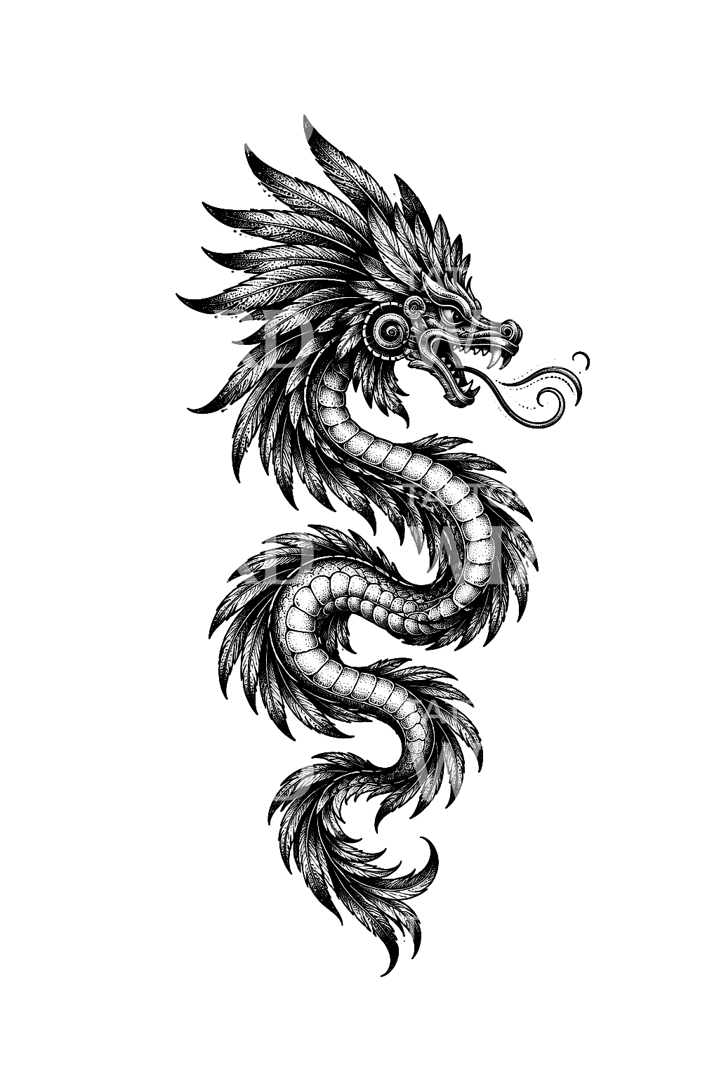 Quetzalcoatl Feathered Serpent Dotwork Tattoo