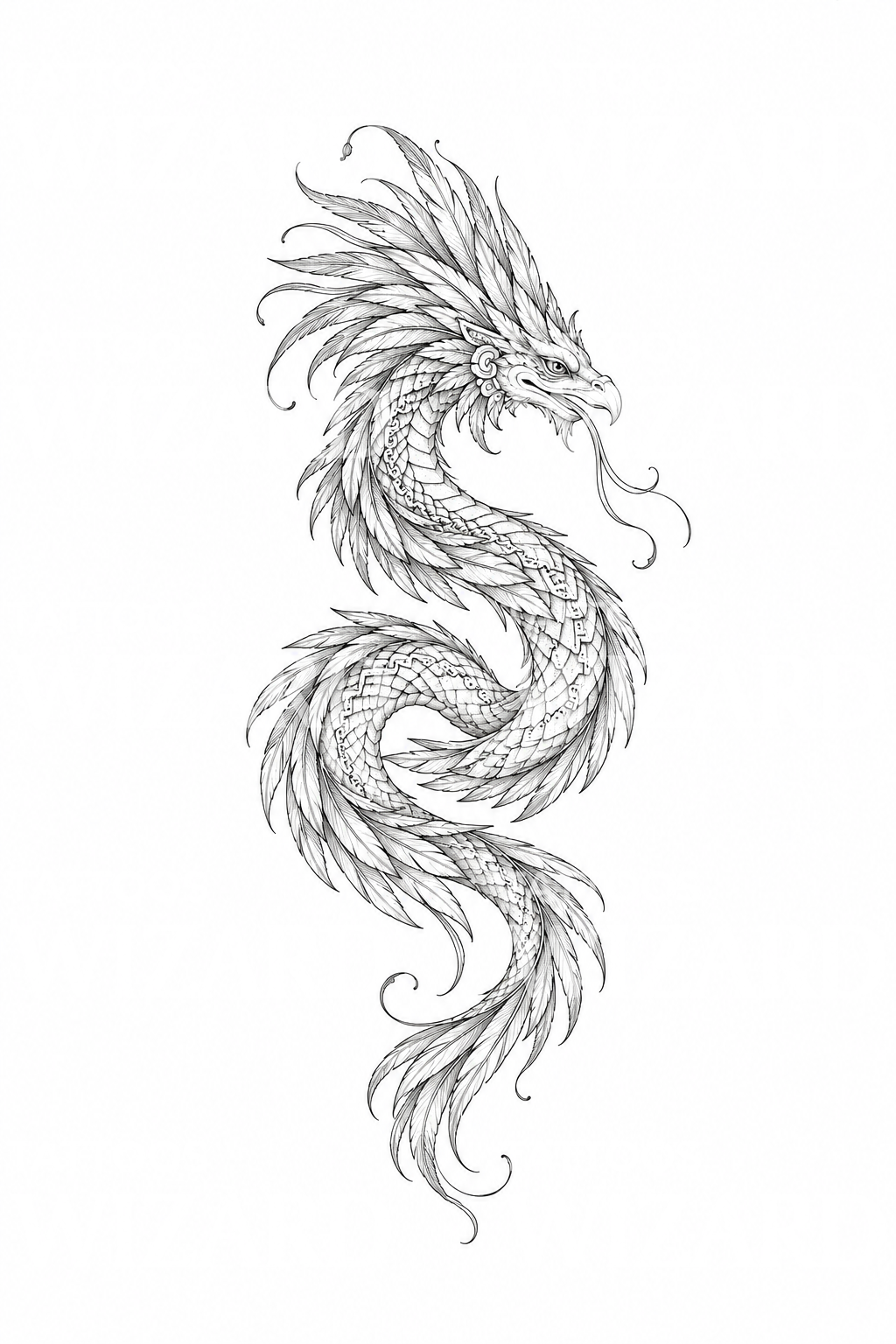 Quetzalcoatl tollas kígyó fine line tetoválásmintája