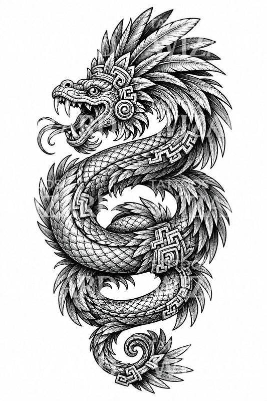 Quetzalcoatl fjærkledd slange tatoveringsillustrasjon
