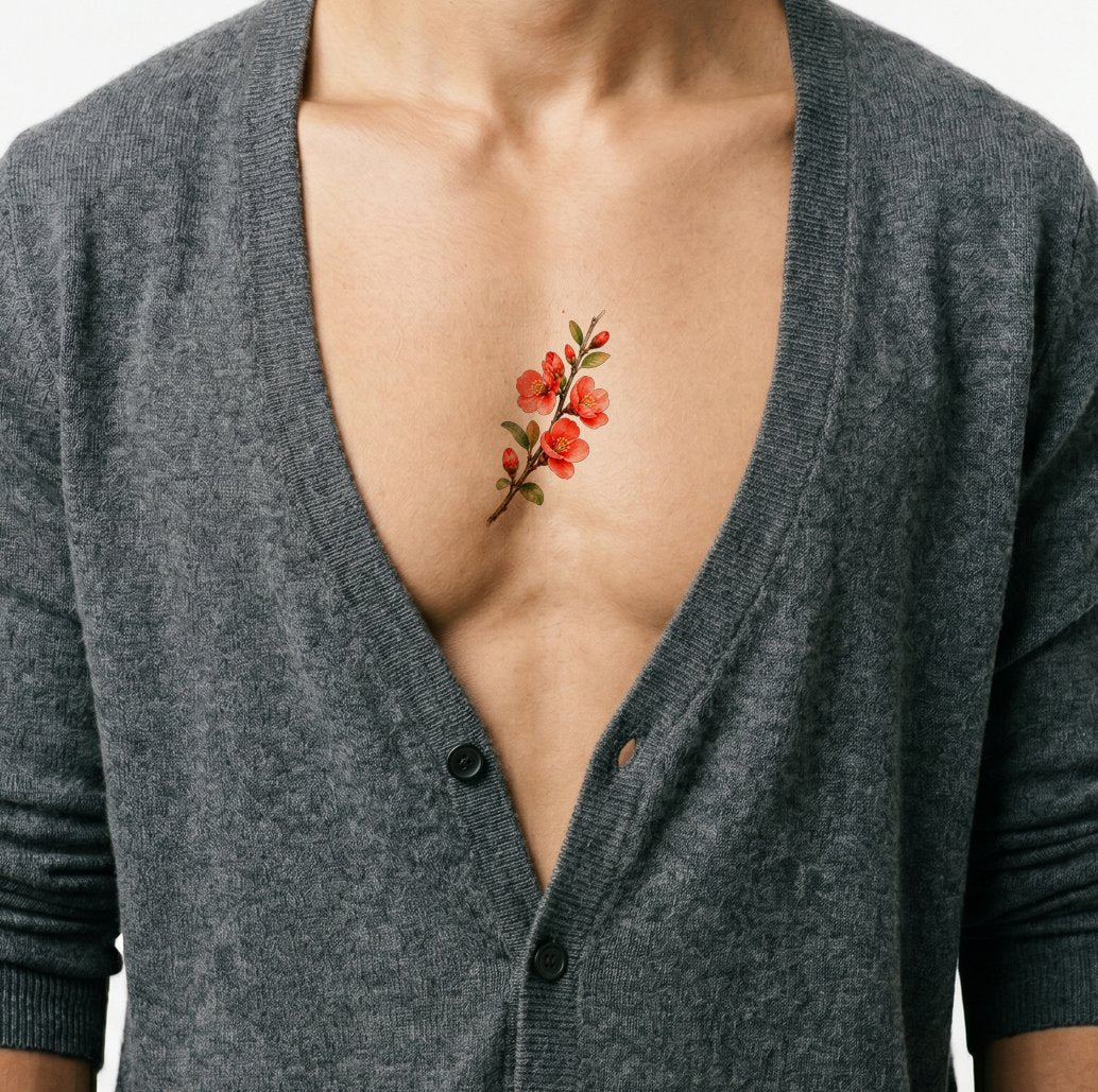 Design per tatuaggio con ramo di cotogno in fiore