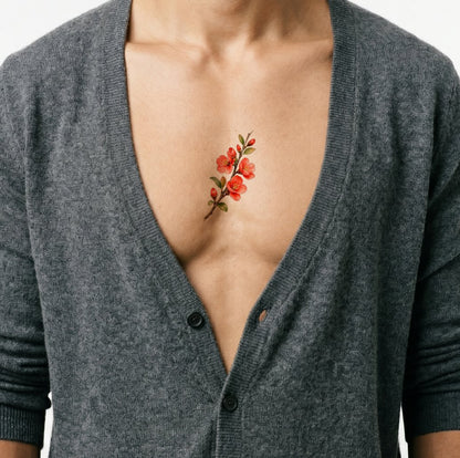 Design per tatuaggio con ramo di cotogno in fiore