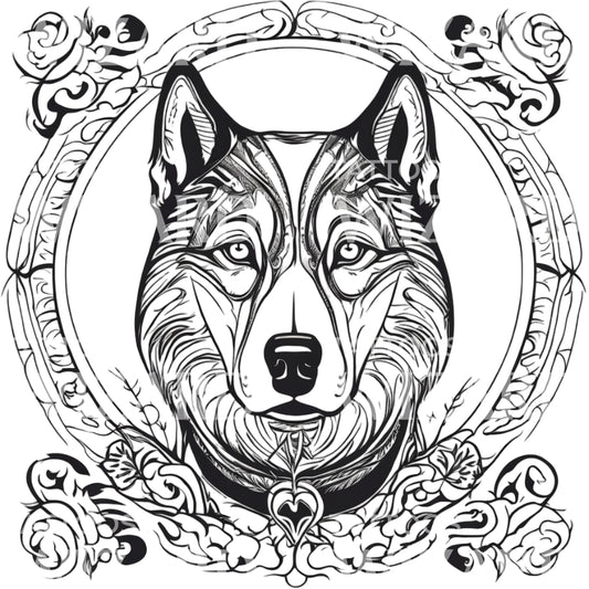 Tête de chien Husky sibérien avec conception de tatouage de motifs floraux circulaires