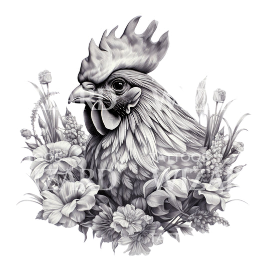 Rooster Portrait Black and Grey Tattoo Design
