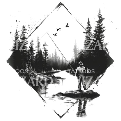 Man Fishing in the River Tattoo Design