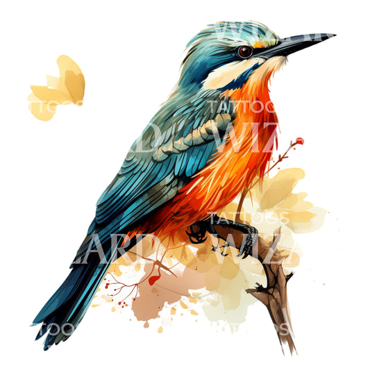 Watercolor Kingfisher Bird Tattoo Design