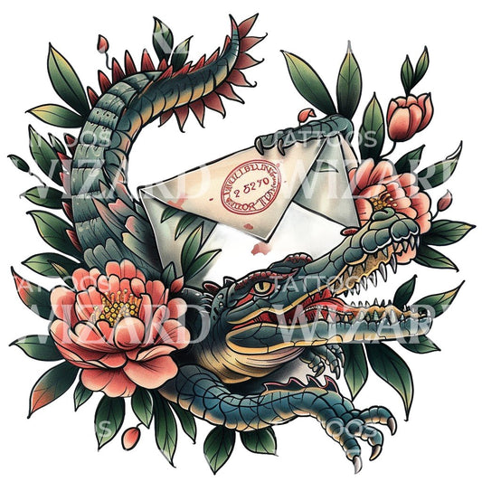 Alligator und Liebesbrief Tattoo-Design