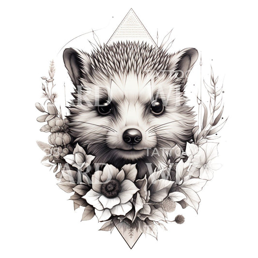 Cute Hedgehog with Wild Flowers Tattoo Design