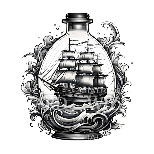 Neotraditional Ship in Bottle Tattoo Design