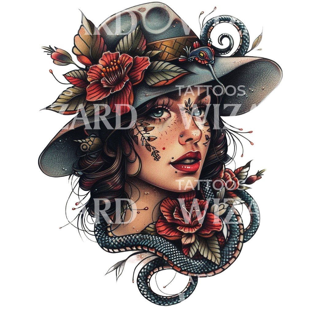 Woman and Snake Vintage Tattoo Design