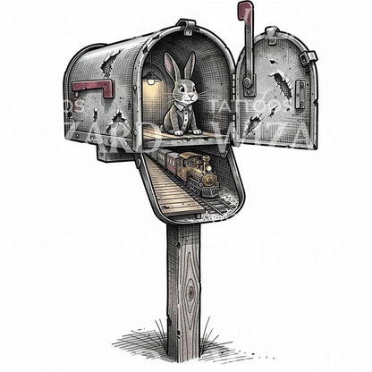 Rabbit Mailbox Train Tattoo Illustration