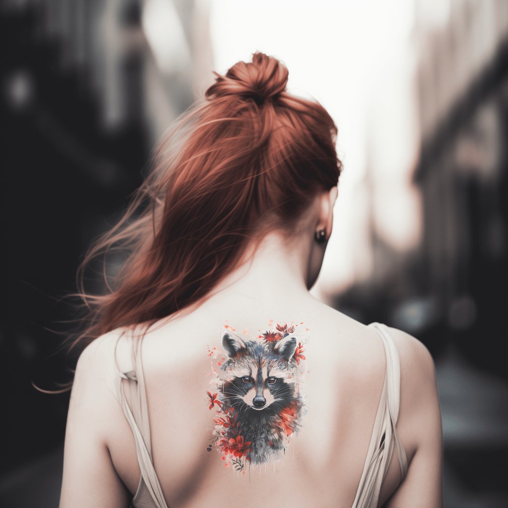 Idea de tatuaje de mapache femenino con flores