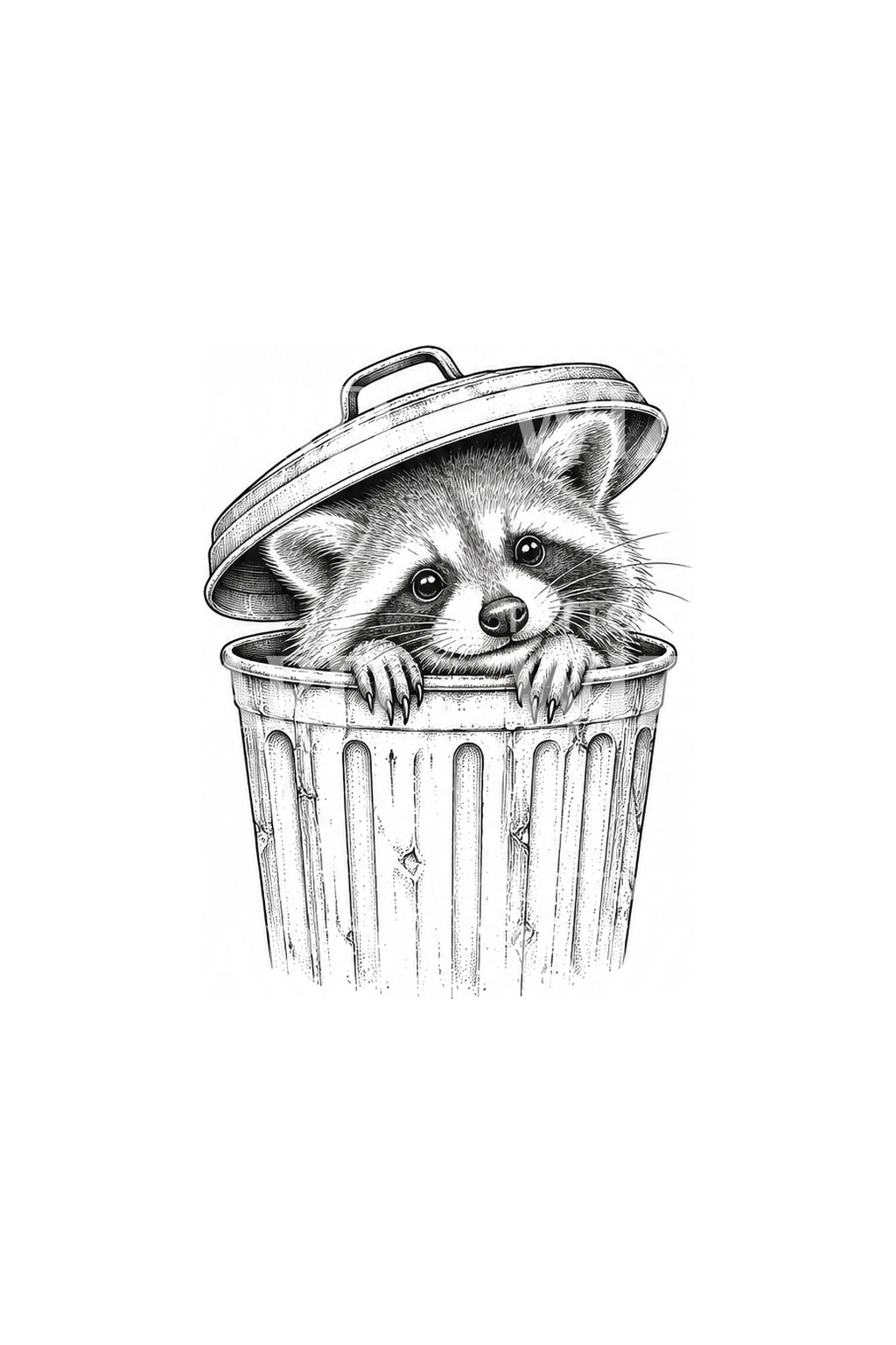 Raccoon Peeking from Trash Can Fine Line Tattoo
