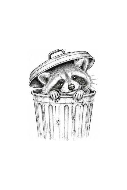 Raccoon Peeking from Trash Can Fine Line Tattoo