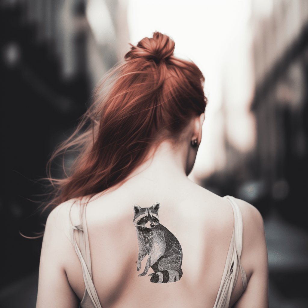 Sitting Raccoon Dotwork Tattoo Design