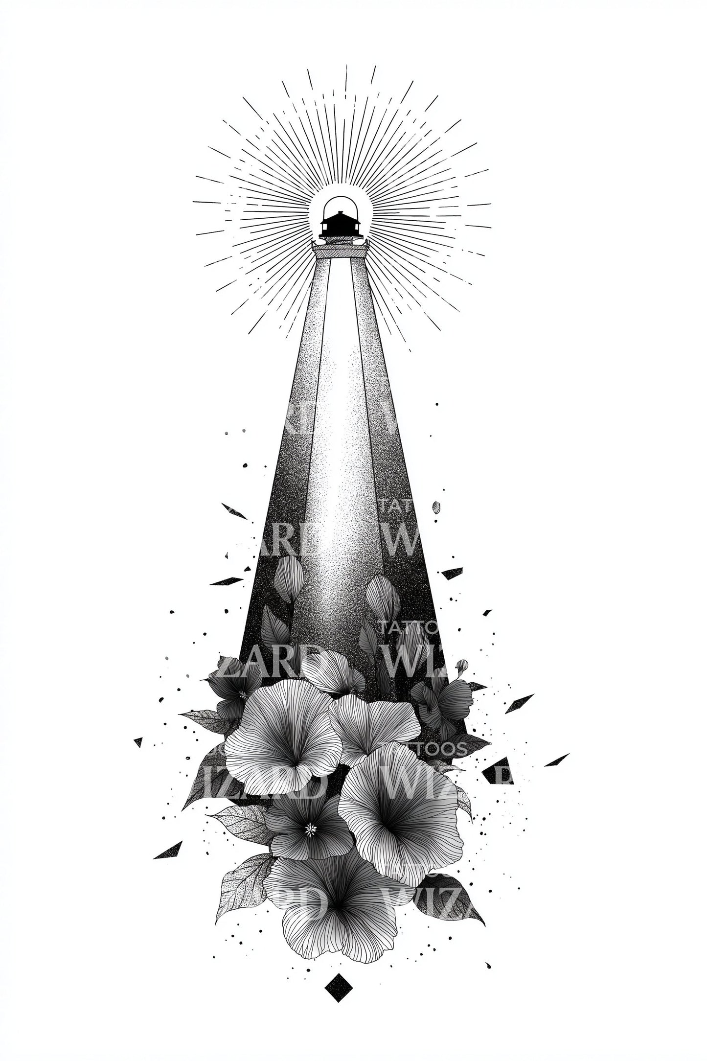 Radiant Lighthouse Flowerburst Tattoo Illustration