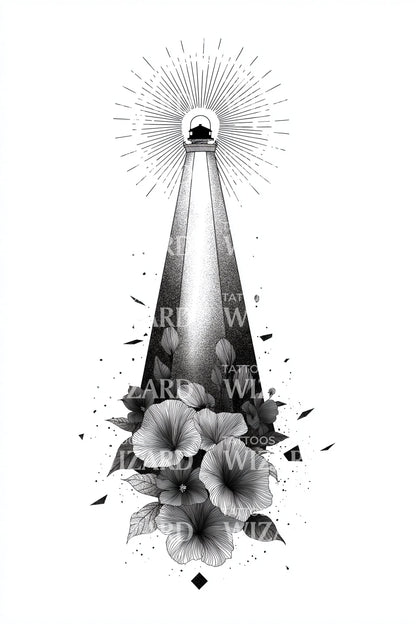 Radiant Lighthouse Flowerburst Tattoo Illustration