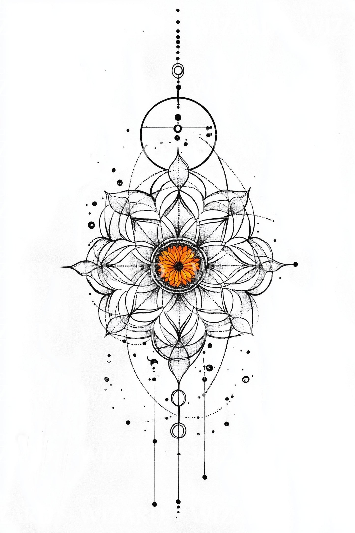 Diseño de tatuaje gota de mandala radiante
