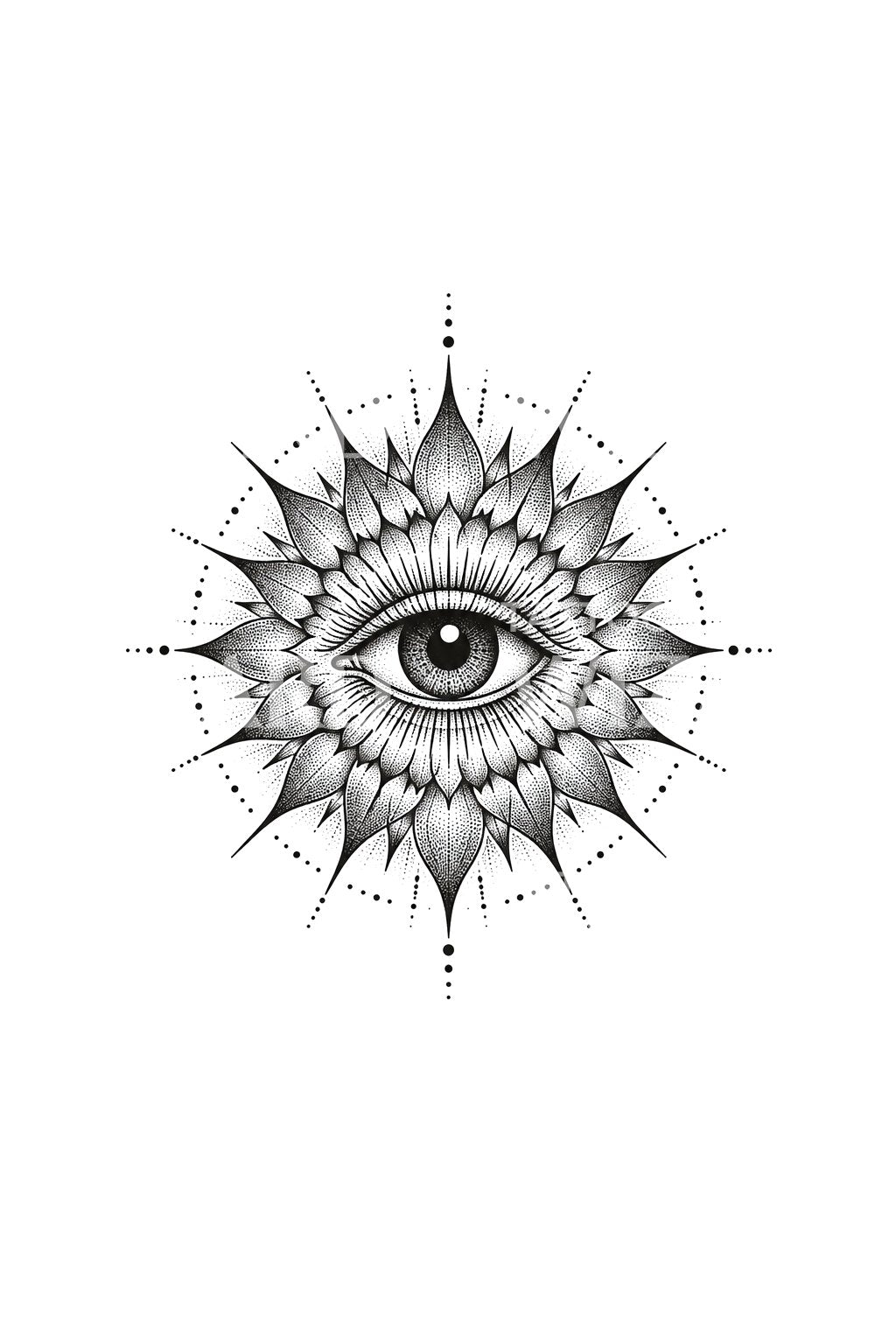 Zářivé slunce a oko, mandala v dotworkové ilustraci