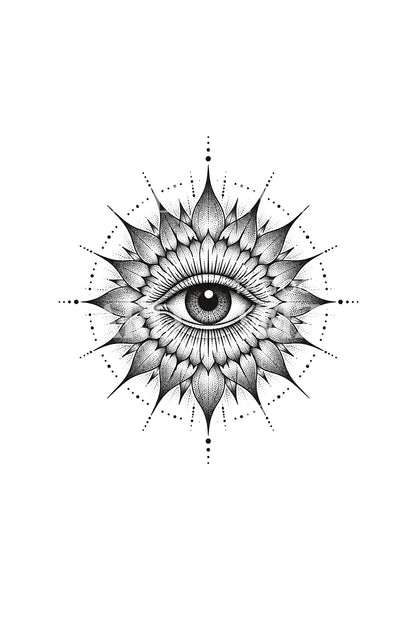 Zářivé slunce a oko, mandala v dotworkové ilustraci