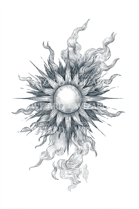 Radiant Sunburst Flames Tattoo Design