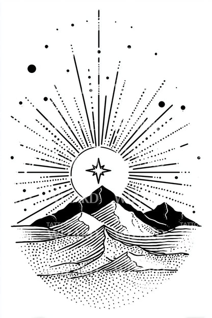 Radiant Sunrise Mountain Range Tattoo Design