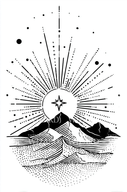 Radiant Sunrise Mountain Range Tattoo Design