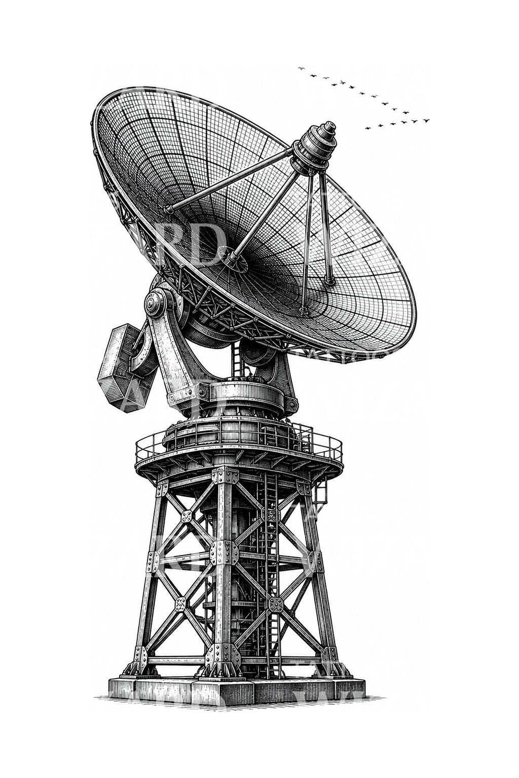 Tattoo-Illustration einer Radioteleskop-Schüssel