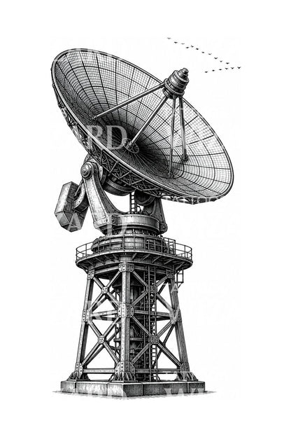 Tattoo-Illustration einer Radioteleskop-Schüssel