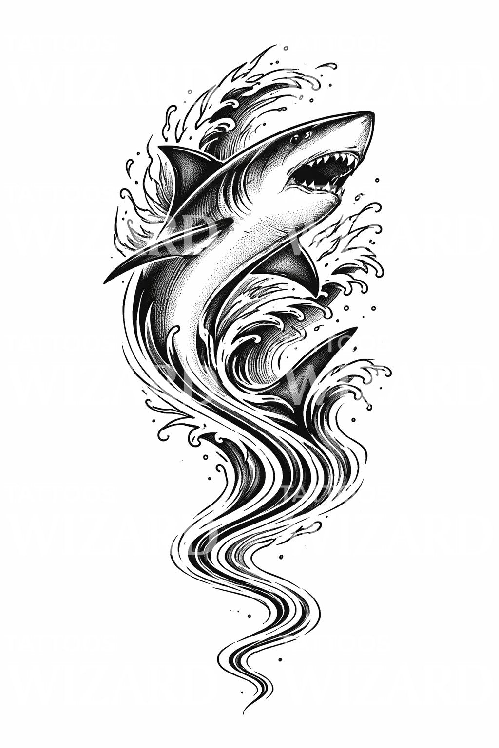 Raging Shark Wave Tattoo Design