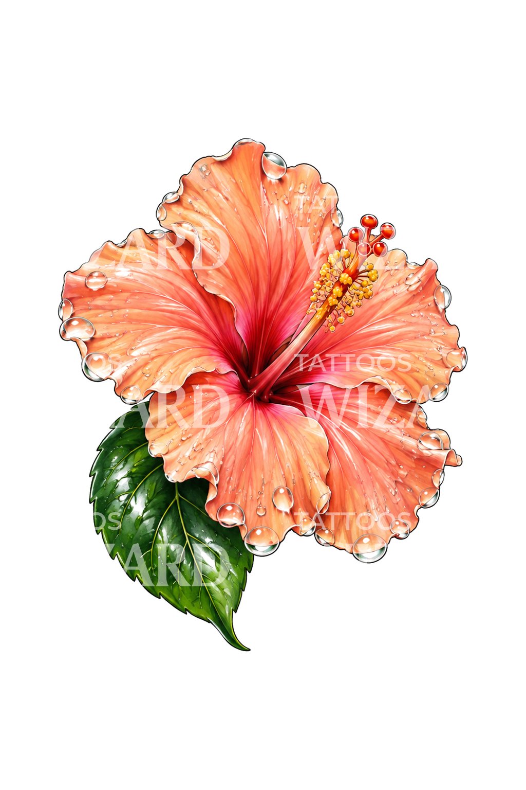 Esőcseppes barackszínű hibiszkusz realista tetoválás