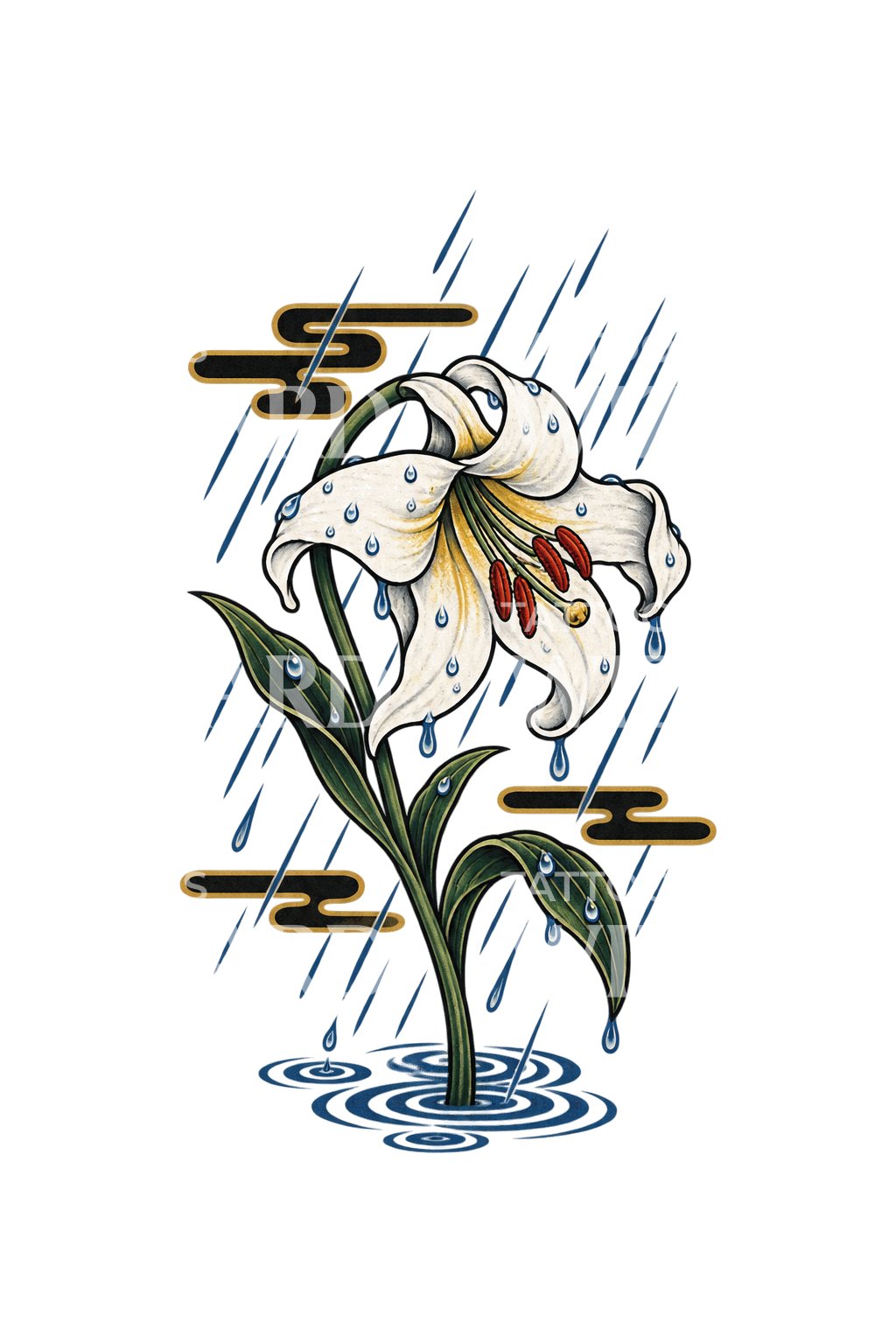 Tatouage irezumi de lys blanc courbé par la pluie