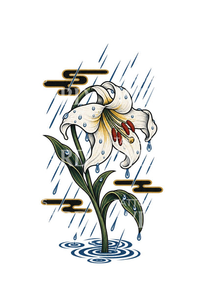 Tatouage irezumi de lys blanc courbé par la pluie