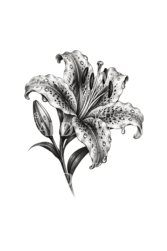 Rain Washed Stargazer Lily Black and Grey Tattoo Design