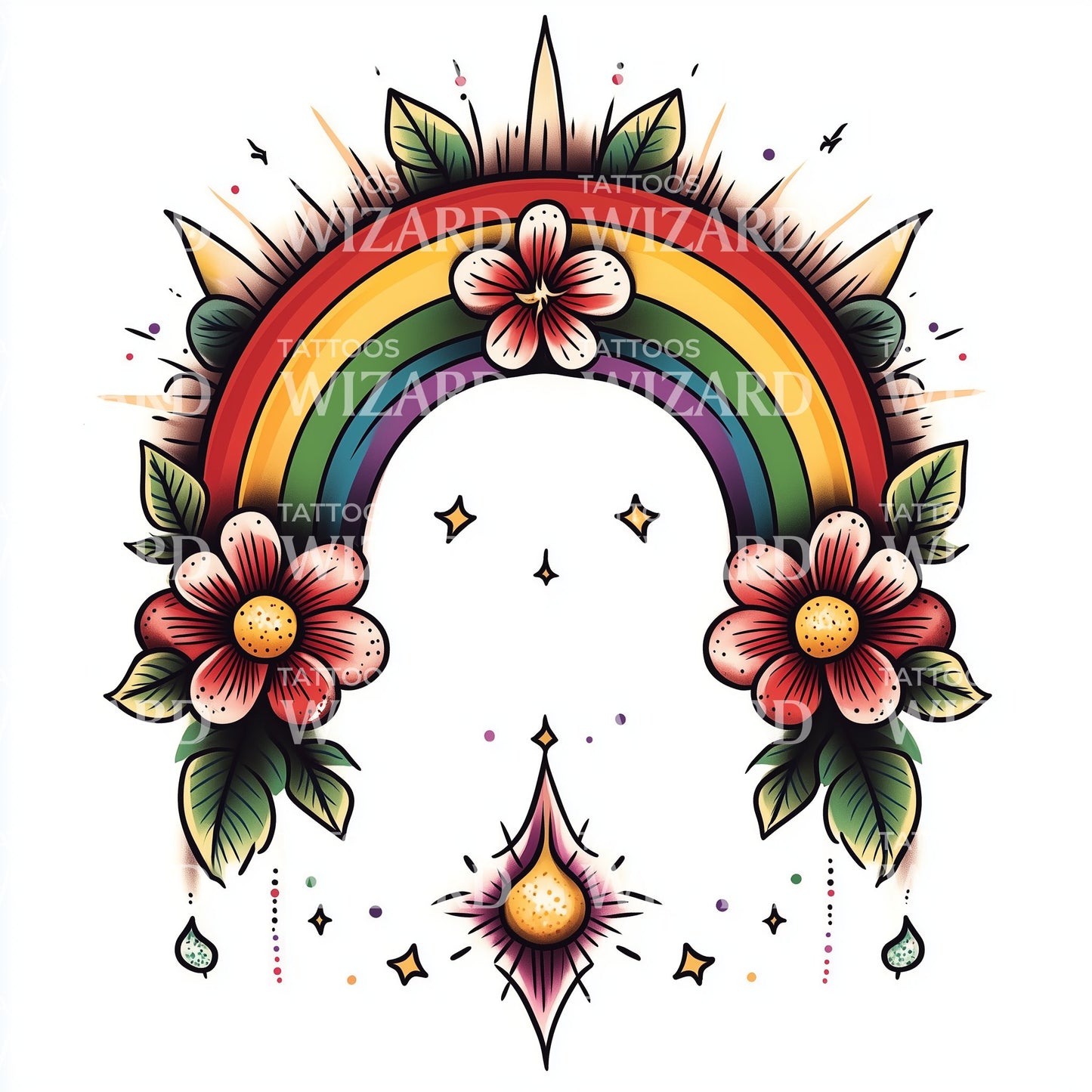 Rainbow and Blossoms Clean Tattoo Design