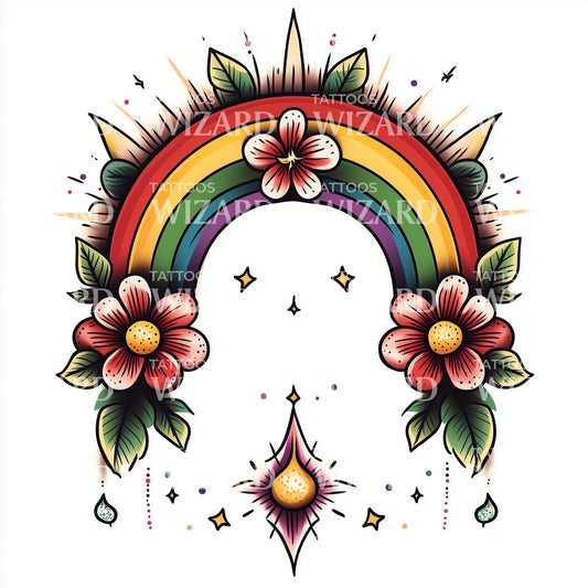 Rainbow and Blossoms Clean Tattoo Design