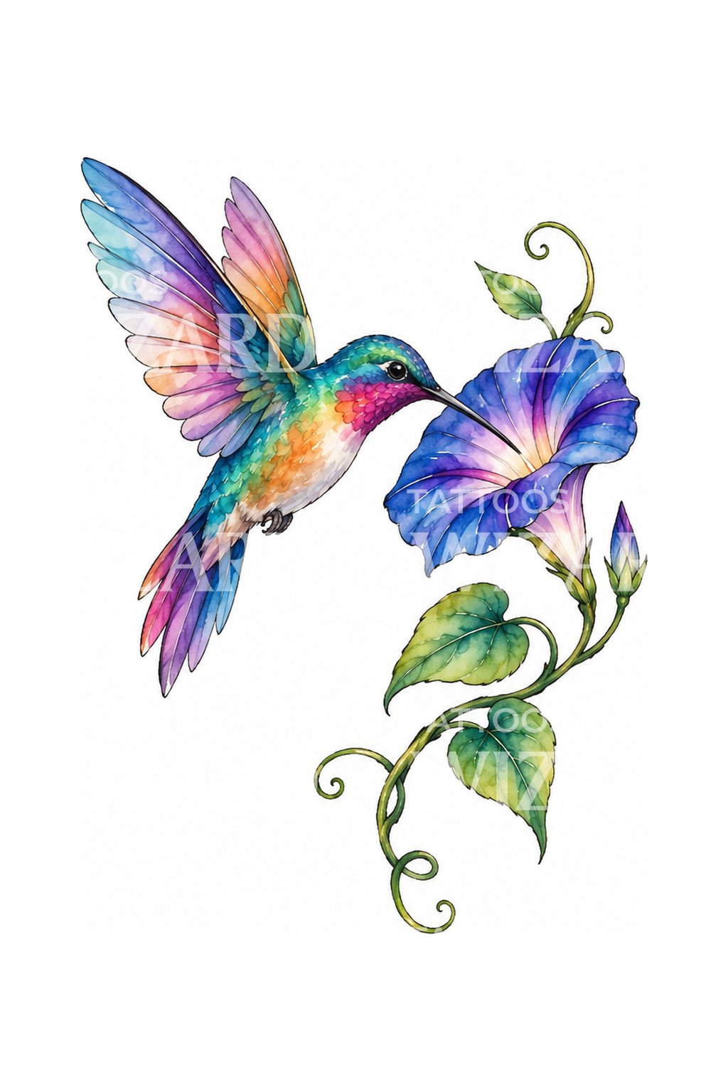 啜饮牵牛花晨露的彩虹蜂鸟纹身插画