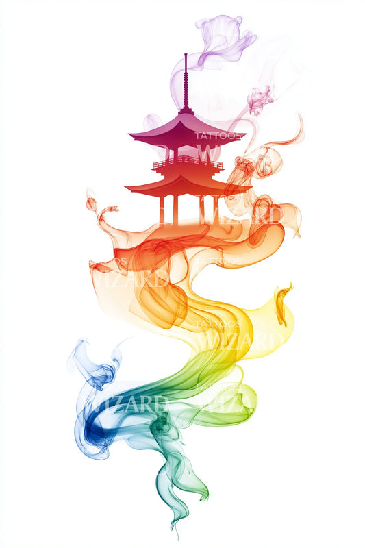 Rainbow Pagoda Smoke Tattoo Design