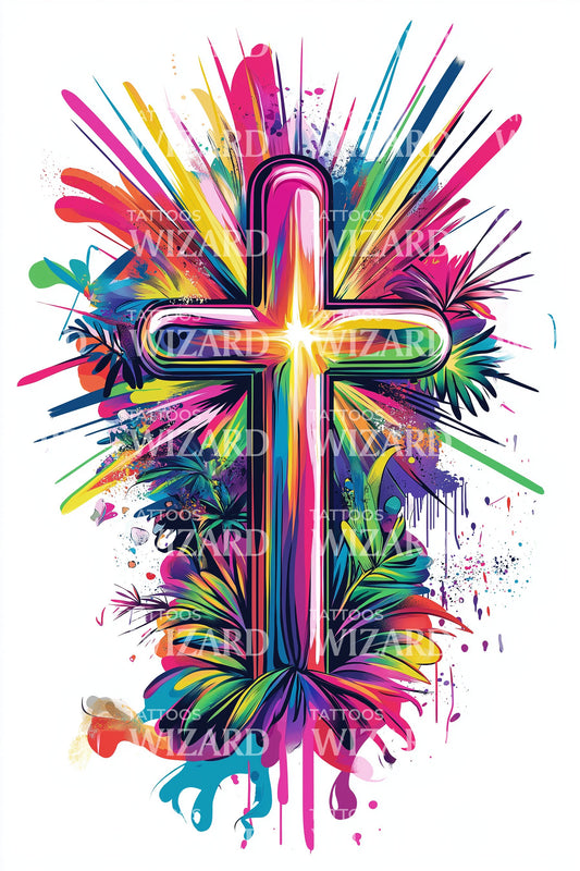 Rainbow Paint Splash Cross Tattoo Design