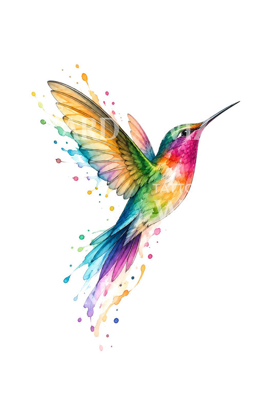 Rainbow Watercolor Hummingbird Tattoo Illustration
