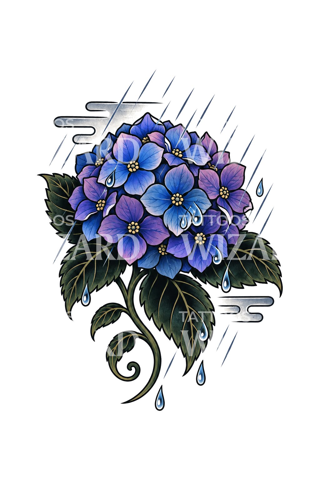 Tatuaż irezumi z hortensją w deszczowym ogrodzie