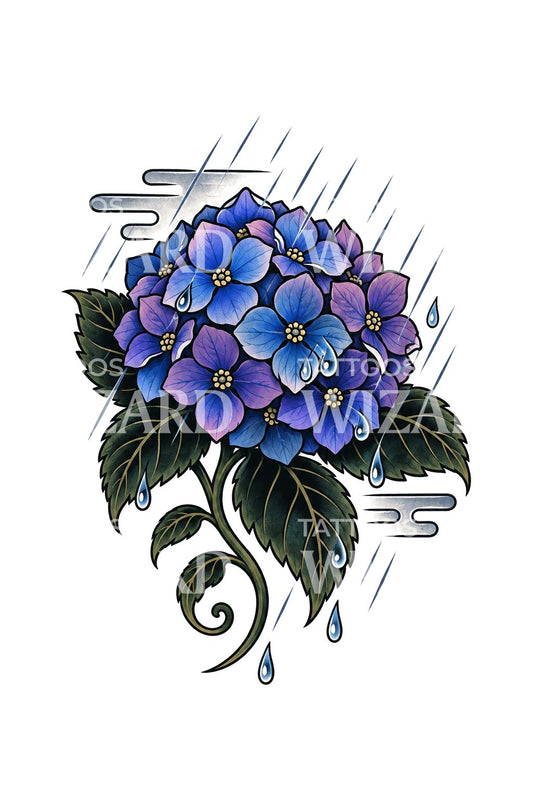 Tatuaż irezumi z hortensją w deszczowym ogrodzie