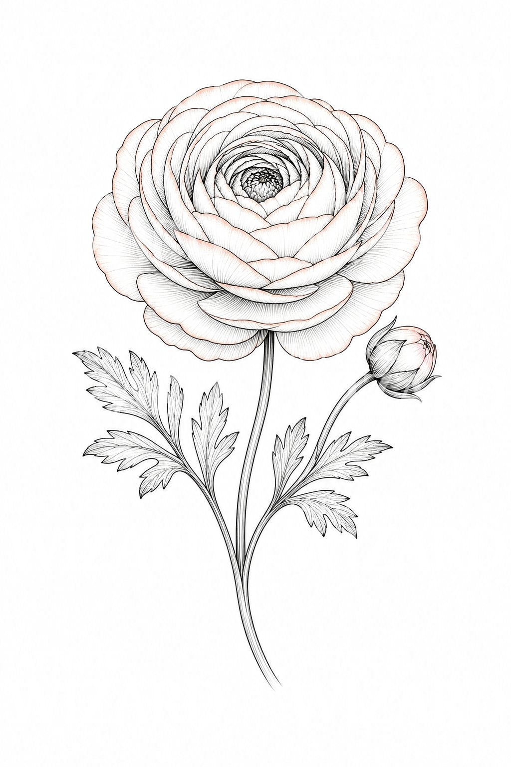 Diseño de tatuaje fine line de flor de ranúnculo