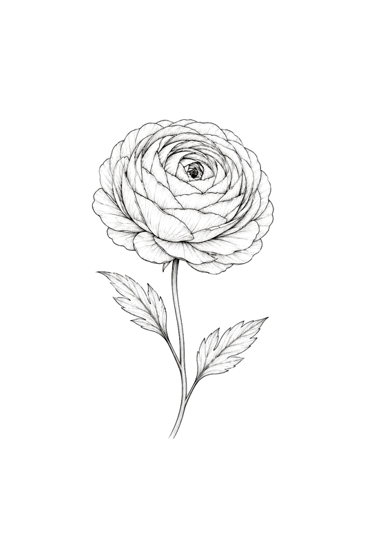 Botanisk fine line-tatovering med ranunkelblomst