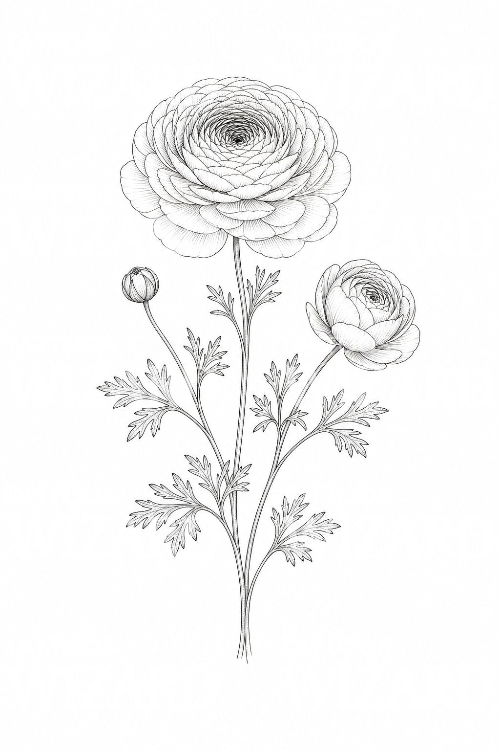 Ranunculus Spray Fine Line Tattoo Design