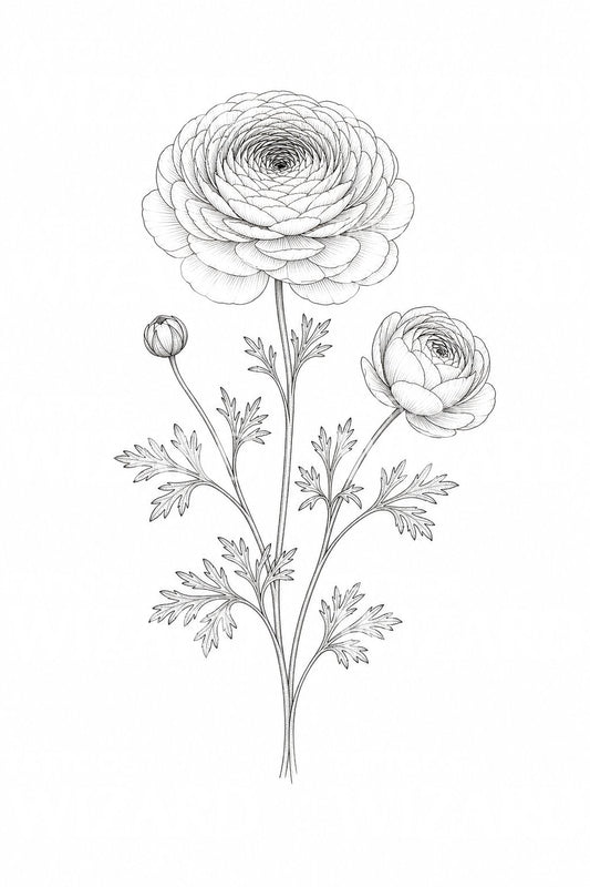 Ranunculus takje fine line tattoo ontwerp