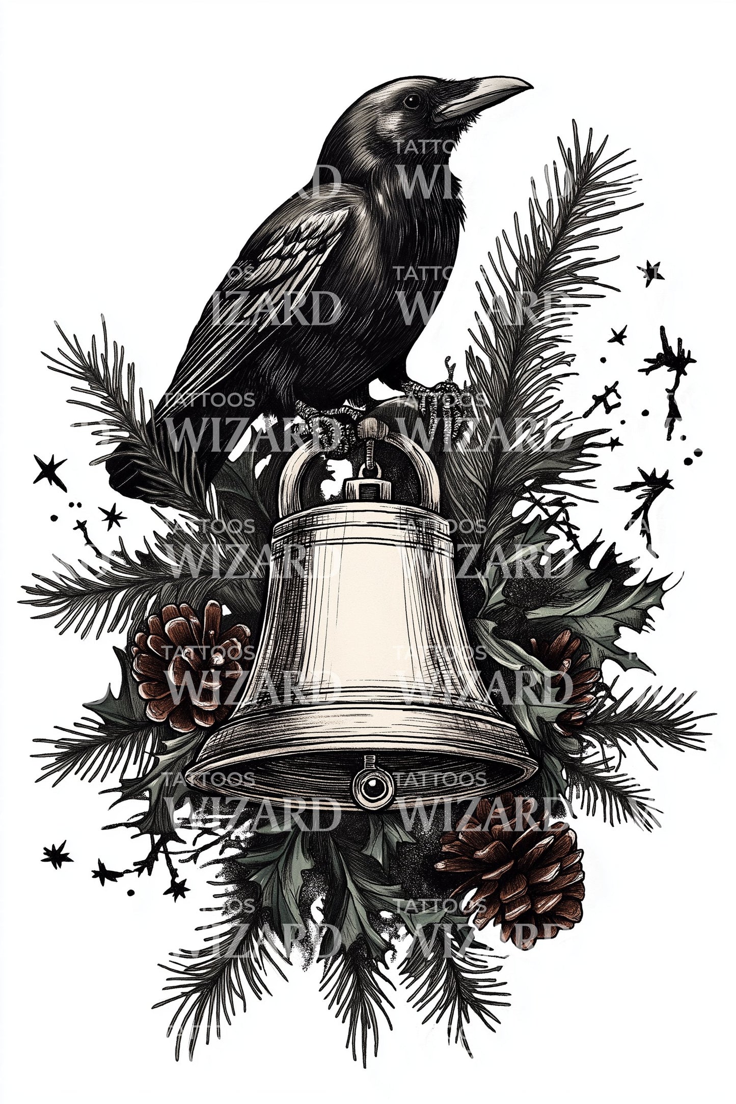 Raven and Christmas Bell Tattoo Illustration