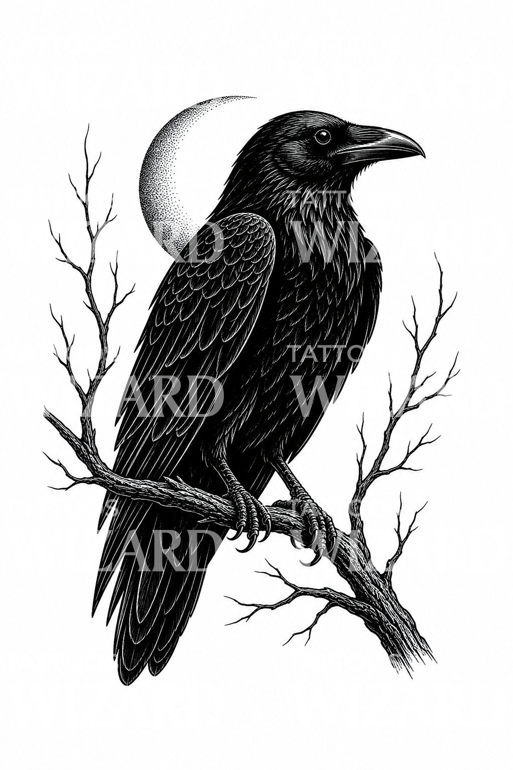 Tattoo-ontwerp met raaf en wassende maan
